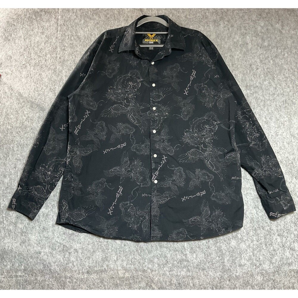Avirex Shirt Men XL Black Geometric Long Sleeve Button Up Rockabilly Club Cotton